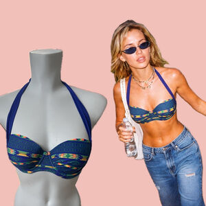 Vintage Bikini Village Bandeau Bikini Top Blue Aztec Print Push Up S